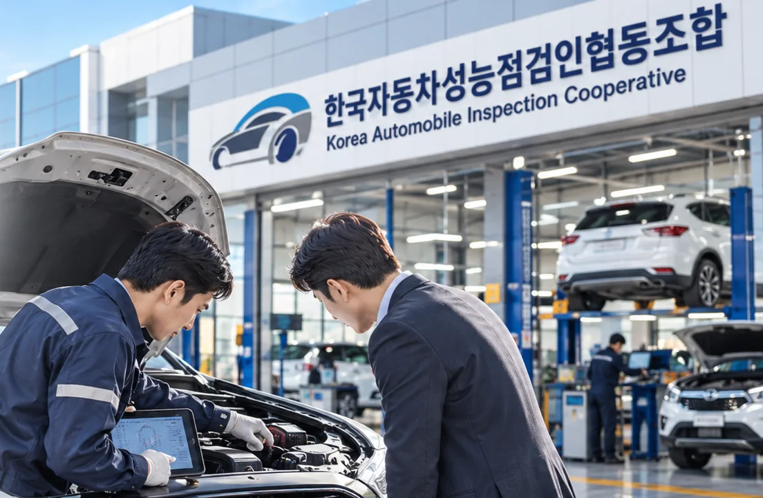 조합 성능점검장 앞에서 점검 전문가가 고객과 함께 보닛을 열고 엔진룸을 확인하는 모습